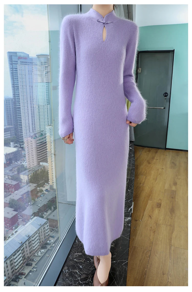 Women' 100%Pure Mink Cashmere Dress Stand-Up Collar Buckle Slim Knit Long Skirt Fashion High Waist Over The Knee Bottoming Dress
