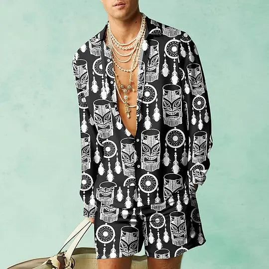 2PCS Suits Men Fashion Shirts+Shorts Two Piece Sets Hawaii Shirts Luxury European Shirt Sets Beach Vocation Outfits Streetwear