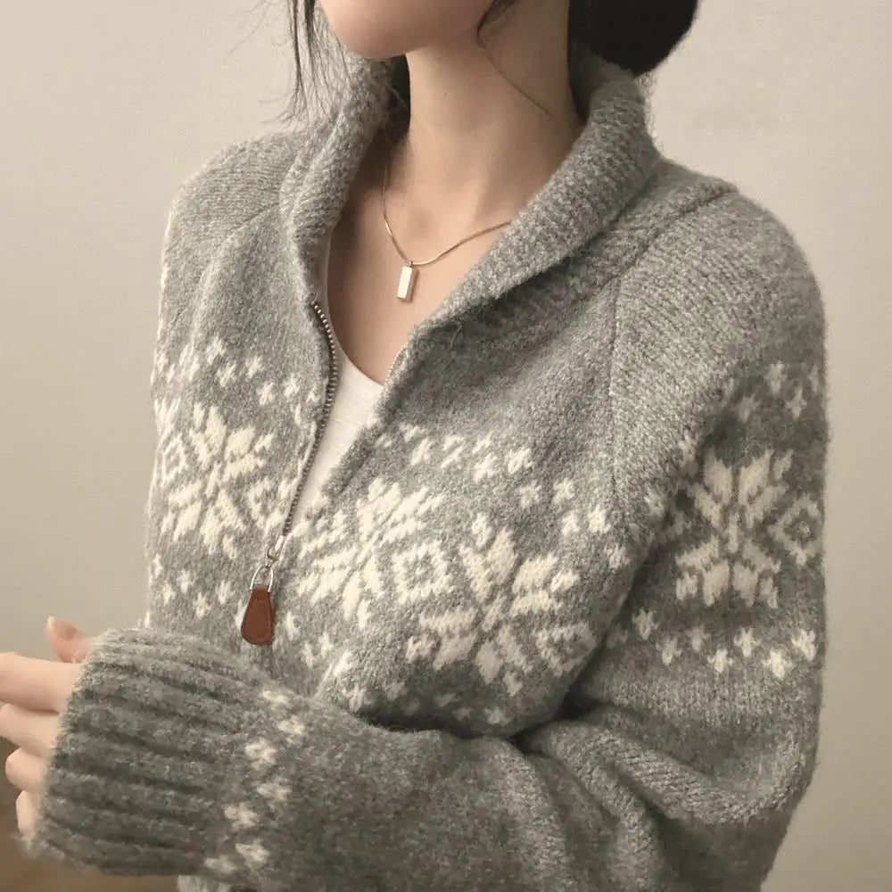 New Autumn Winter Women Fashion Elegant Knitwear Long Sleeve Sweater Fall Korean Style Casual Knitted Top Zipper Lapel Jacket