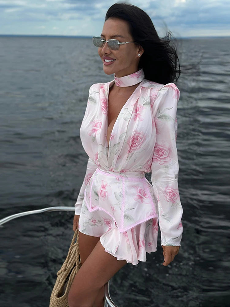 Women Rose Print Dress Puff Long Sleeve Mini Dress Sheer Mesh Ruffle Hem Button Front Fairy Party Short Dresses Summer Wear