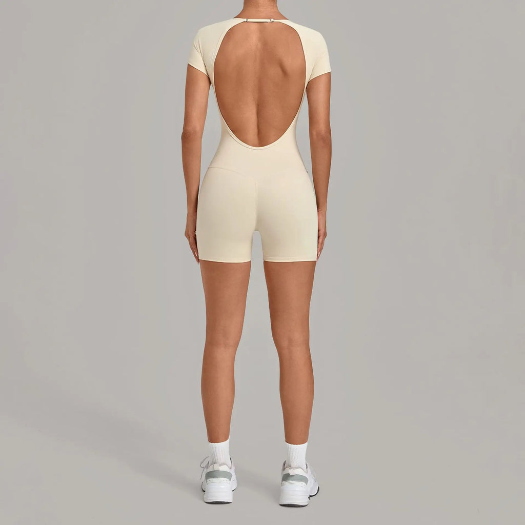Women Short Sleeve Open Back Yoga Bodysuit Squat Proof Short Jumpsuit Gym Pilates Running Workout Fitness Sport Activewear