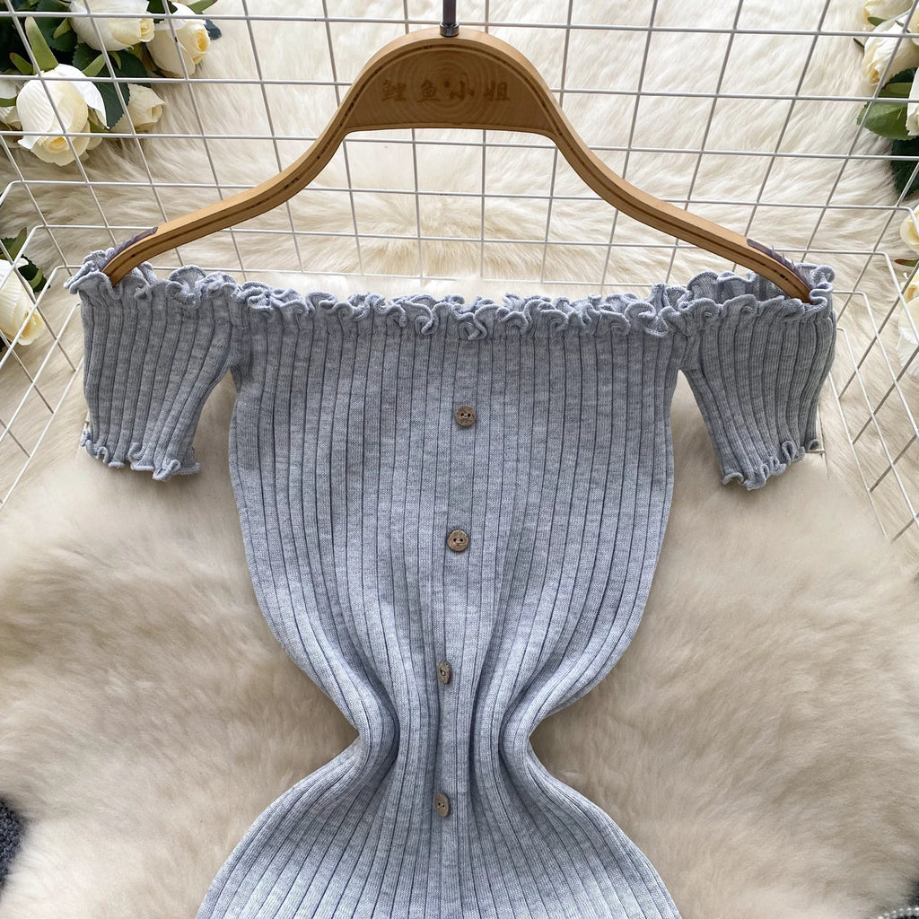 2025 New Pink Solid Button Front Spaghetti Dress Sexy Knit Slash Neck Mini Dress Bodycon Women's Clothing Outfits Ruffles