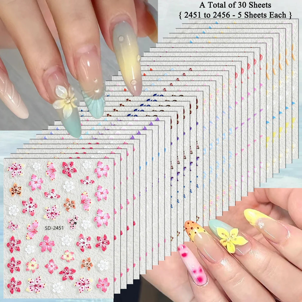 3 to 120 Sheets Tropical Flower Nail Stickers Hibiscus Butterfly Starfish Nail Decals 5D Embossed Self Adhesive Summer Nail Art
