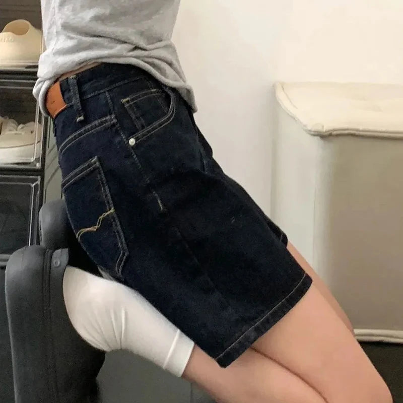 Retro Blue Straight Denim Shorts Women Summer 2026 High Waist Short Jeans Woman Korean Loose Wide Leg A-Line Hot Shorts Female