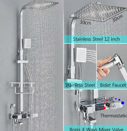 Chrome/Black Thermostat Shower Set Faucet 4 Ways Bathroom Faucet Rainfall Mixer Tap Digital Display Shower Set System Bathroom