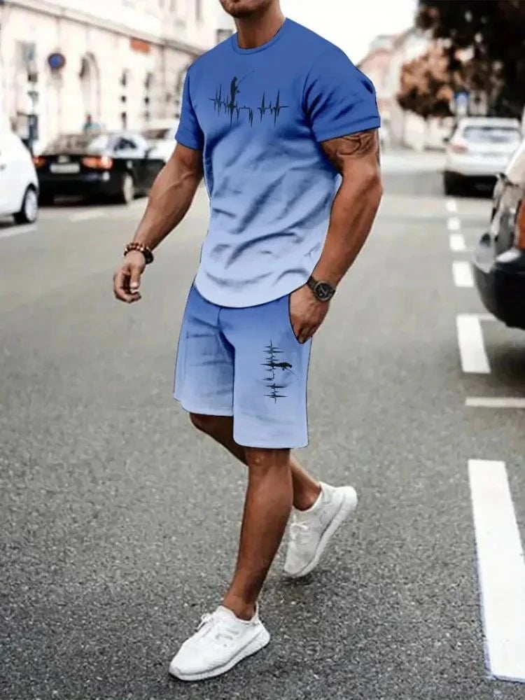 New Men's Summer Street Trendy Letter Printed Comfortable Breathable Round Neck T-shirt Shorts Set Outdoor High Street Clothing