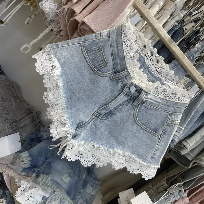 Light Blue Denim Shorts For Women High Waisted Raw Hem Lace Patchwork Petite Shorts Summer Casual Slim Fit Hot Pants
