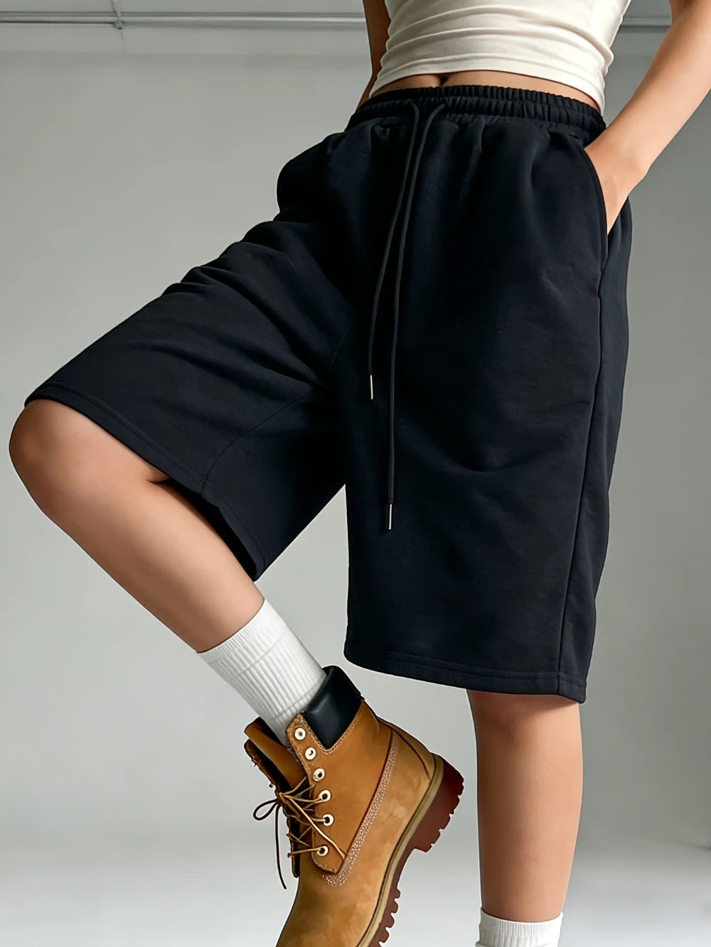 Women'S Casual Athletic Shorts Elastic Waist Wide Leg Straight Bermuda Shorts Mid-Length Loose Drawstring Shorts