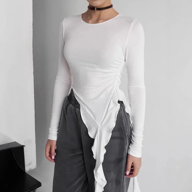 2025 Spring New Solid Color Knitted Top Fashionable Round Neck Long Sleeve Irregular Ruffle Design Slim Fit T-shirt Y2K Hot Girl
