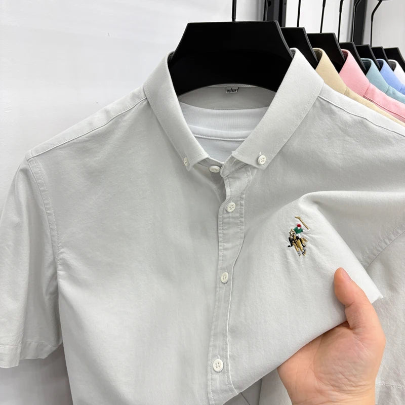 Short Sleeved Shirt Men's Summer New Item Pure Cotton High-end Brand Little Horse Logo Embroidered Casual Shirt
