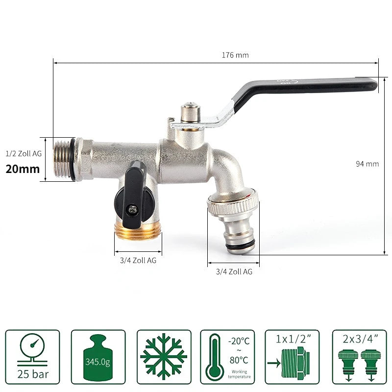 Garden Outdoor Bibcock Faucet DN15 DN20, Anti-freeze, Dual Control Copper for Washing Machine and Kitchen Garden Sink    1/2