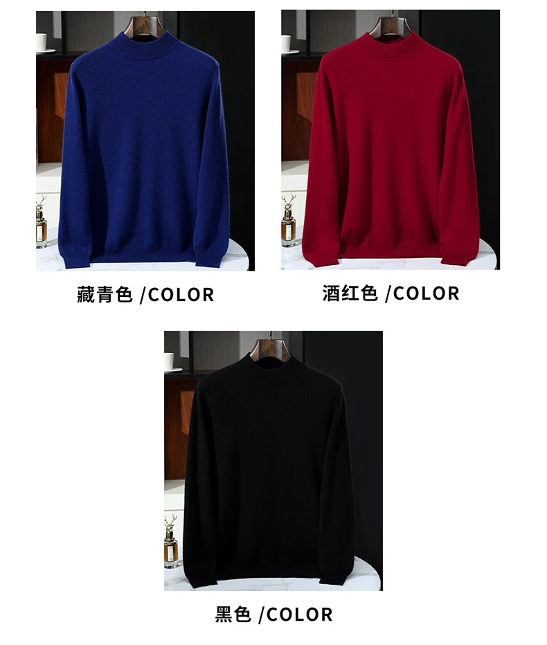 Autumn/Winter Men's 100% Pure Cashmere Pullover Business Casual Solid Knitted Sweater Loose Half High Neck Tops Thick Jumper