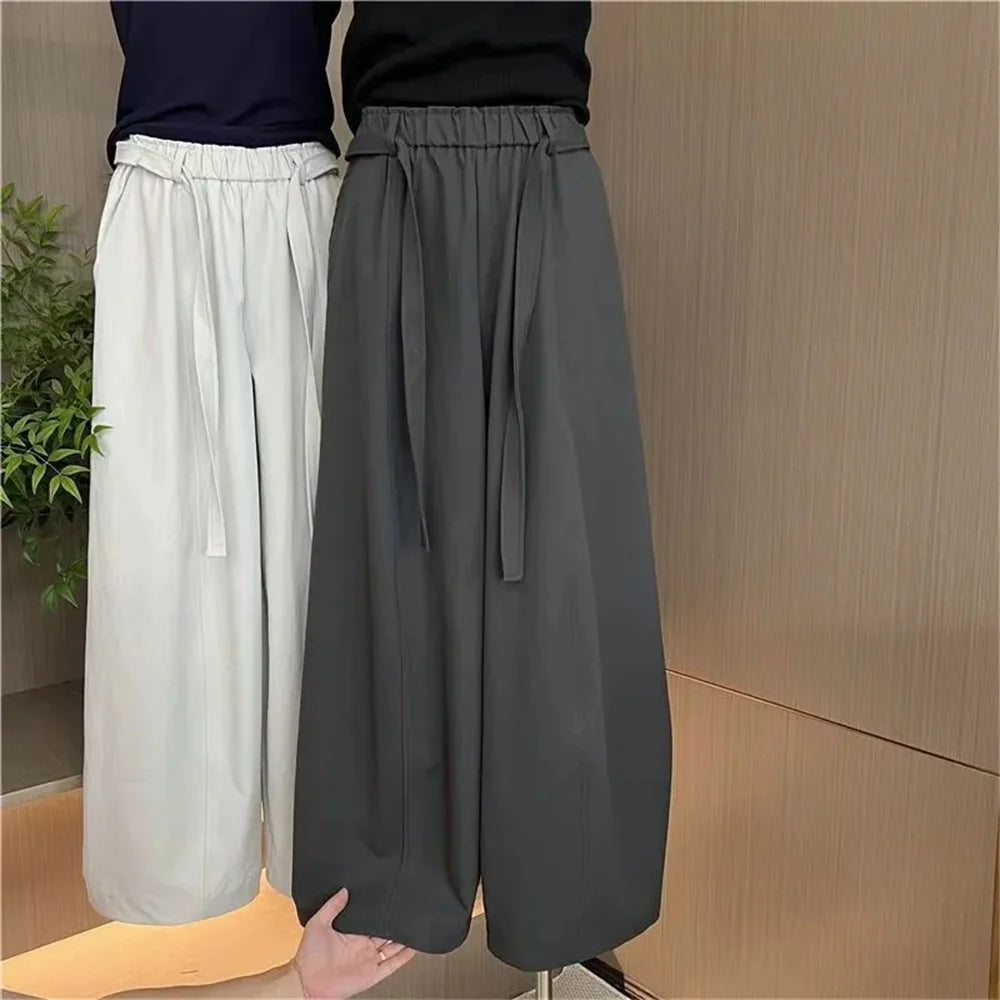 Summer Women Wide Leg Pants Elastic High Waisted Loose Casual Trousers Pockets Drawstring Gray Comfortable All-Match Streetwear