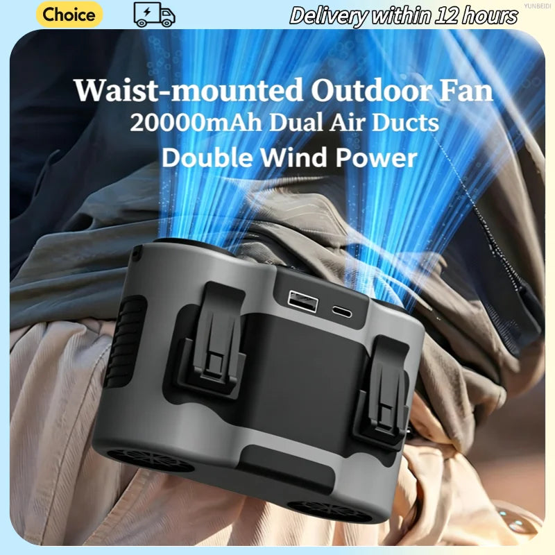 Portable Waist Clip Fan Mini USB Charging Hanging Fan with LED Flashlight Outdoor Single/dual Air Outlet Fan 20000/10000Mah F6/7