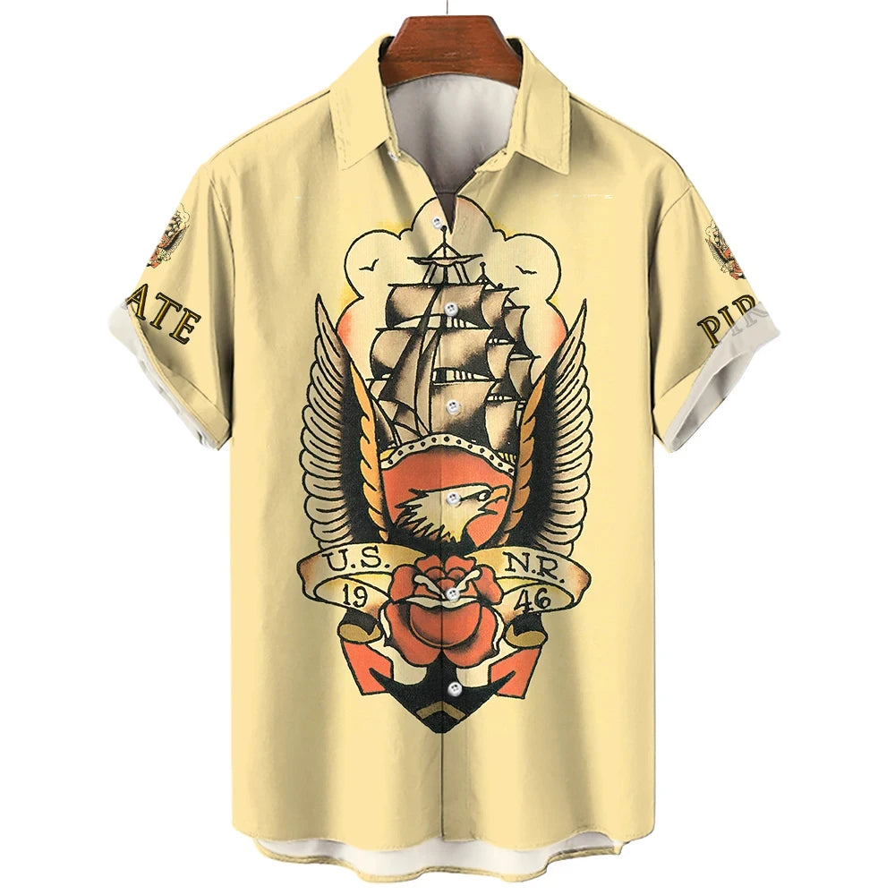 3D retro digital printed men's lapel short sleeved shirt