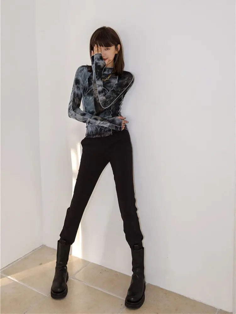 CHEERART Tie Dye Grey Black Turtleneck Woman Tshirts Bodycon Long Sleeve Top Women Fall Fashion Tee Shirt Femme Clothing