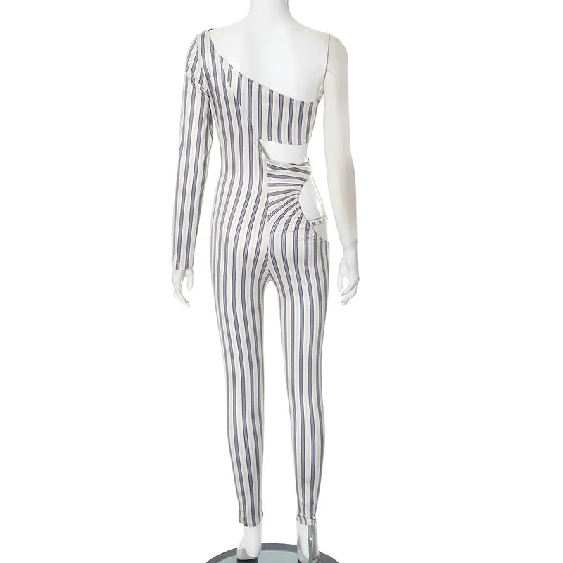 Fashion Women's Sexy Hollow Jumpsuit 2025 Spring Ruched Irregular Hipster Club Stripes Print Full Sleeve Midnight Party Overalls