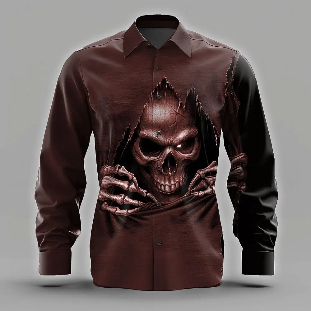 Men's Skull Death Ripped Shirt Button Up Shirt Long Sleeve Dark Punk Gothic Style Streetwear Turndown 3D Print Collared Shirts