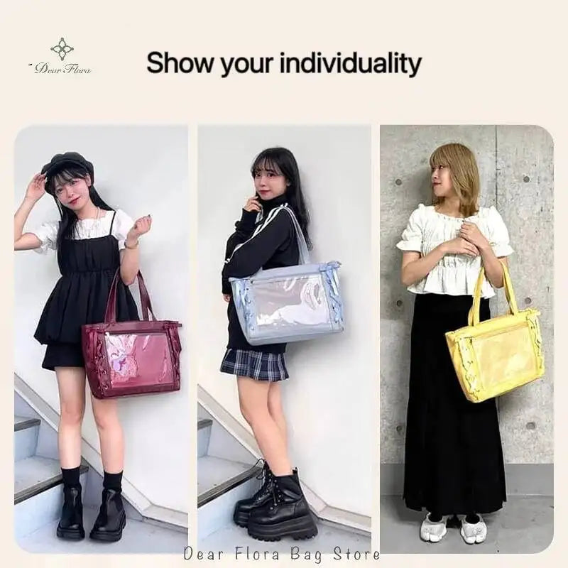 Japanese Sweet Women Ribbon Ita Bag Fashion Large Capacity Tote Bag Aesthetic Shoulder Bag Cute Lolita Girl Transparent Handbags