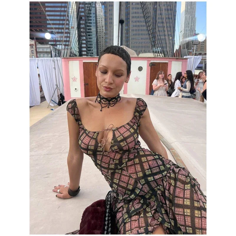 Plaid Off Shoulder Long Dress Women Chic Tie Front Cutout Ruched Asymmetric Hem Sundress 2026 Summer Lady Casual Daily Vestidos