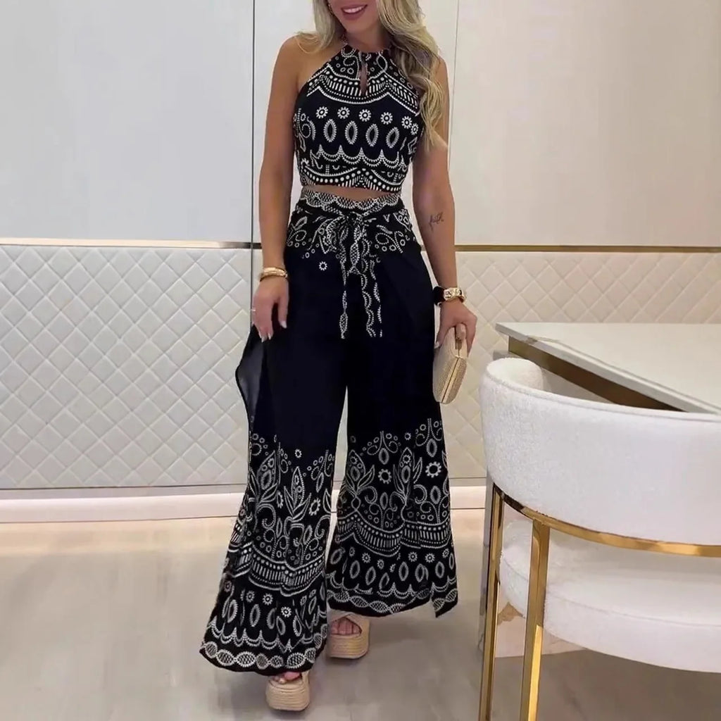 Women's Printed Sleeveless Top And Wide Leg Pants Two Piece Set Slimming Comfort Versatile Vacation Commute Ethnic Style Outfit
