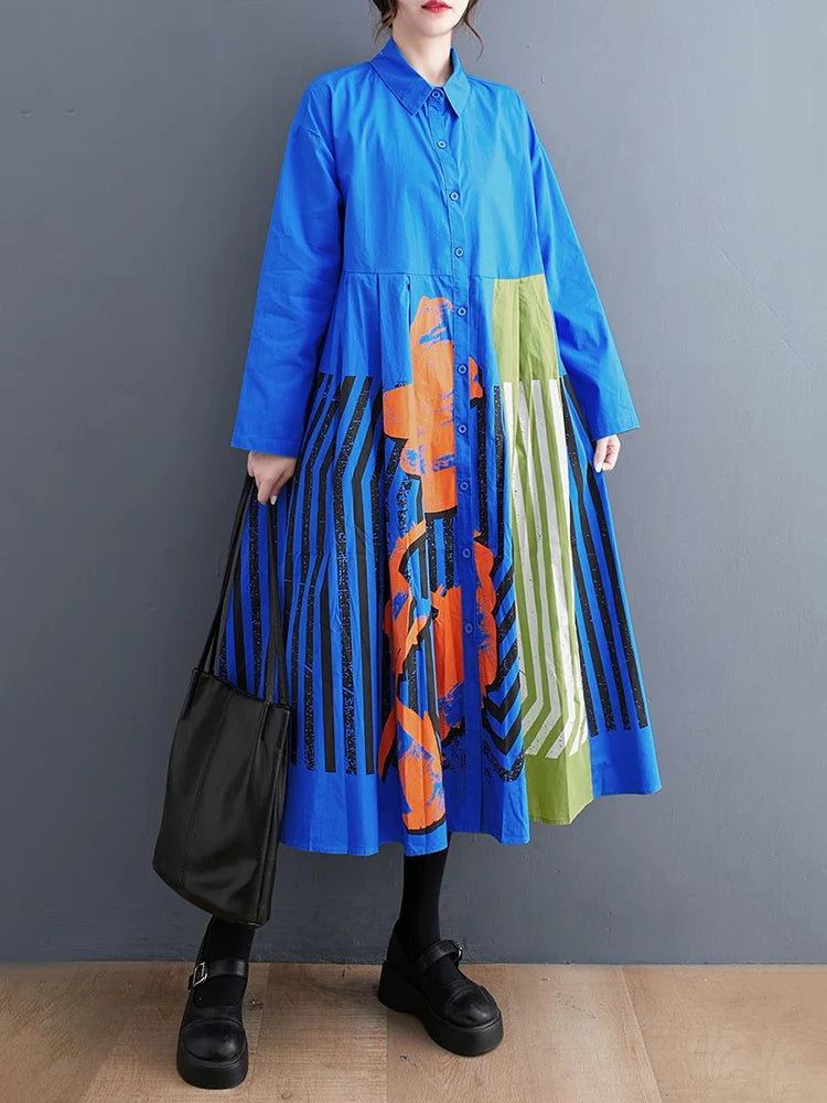 Long Sleeve Patchwork Vintage Print Dresses For Women Loose Casual Midi Dress Robe Fashion Elegant Clothing Spring Autumn 2025