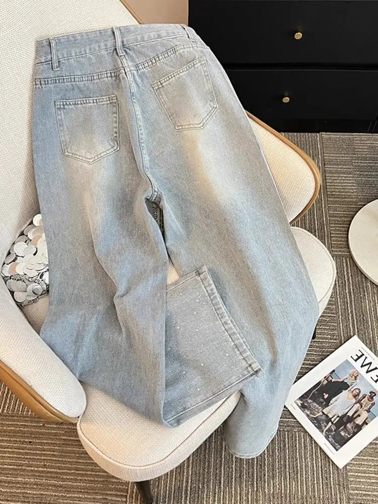 Women's High Waist Loose Straight Wide Leg Basic Casual Trendy Jeans Pants Summer New Fashion Light Blue Denim Trousers Clothes