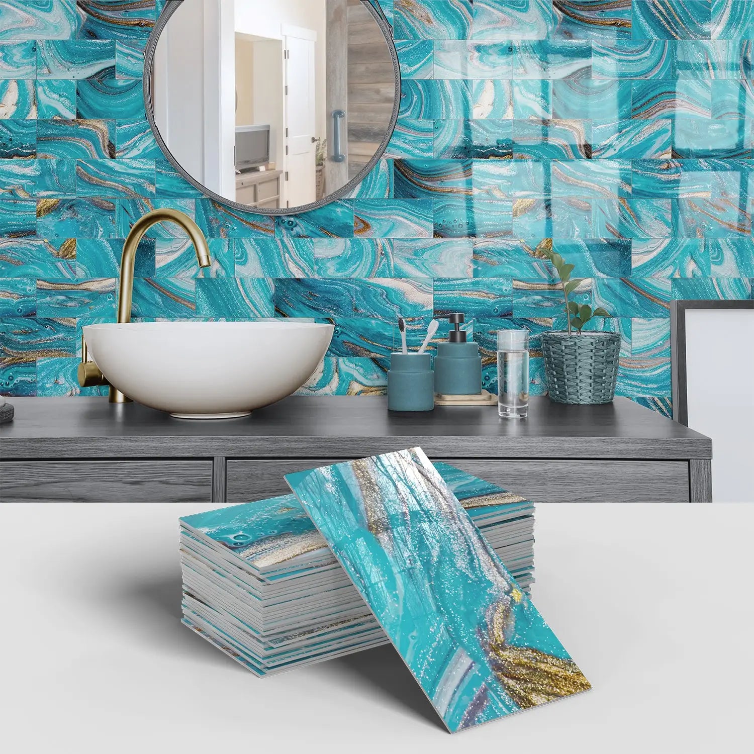 Marble Pattern Wall Sticker, 16/32/64pcs Peel & StickWall Decal, Waterproof Decorative Sticker For Home