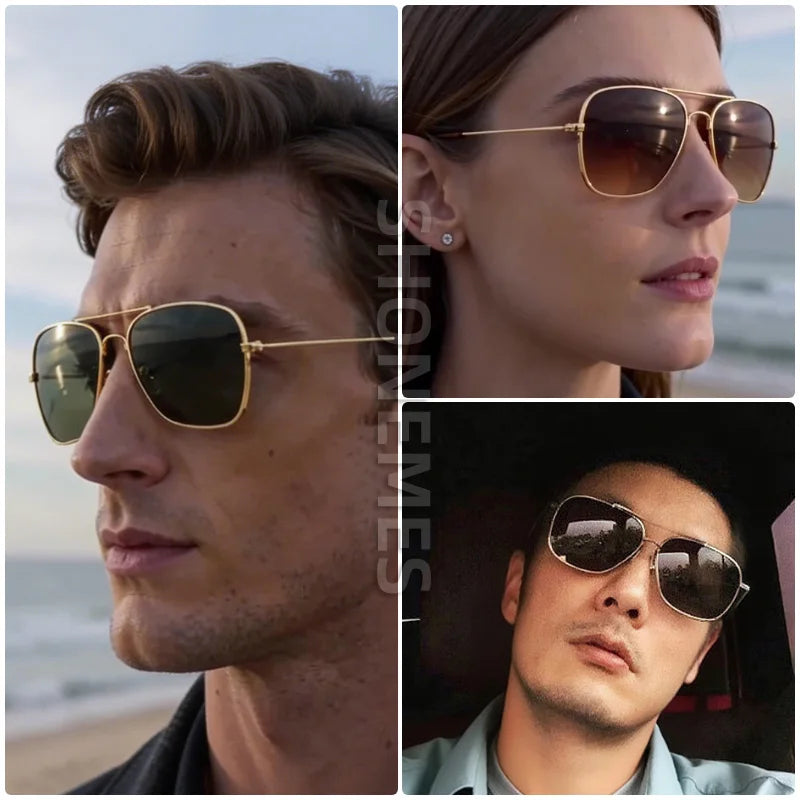 Shonemes Square Sunglasses Vintage Double Bridge Driving Shades Metal Frame Outdoor UV400 Sun Glasses for Men Women