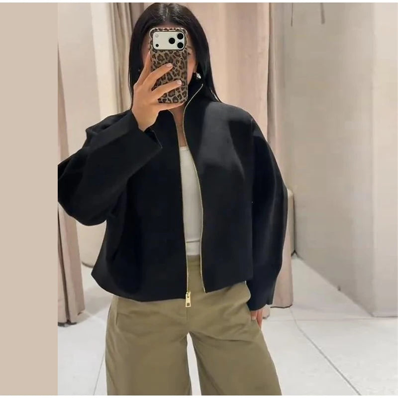 Elegant Knitted Zipper Women's Sweater Solid Full Sleeve Stand Collar Loose Open Stitch Female 2026 Fashion Autumn Outwear Lady