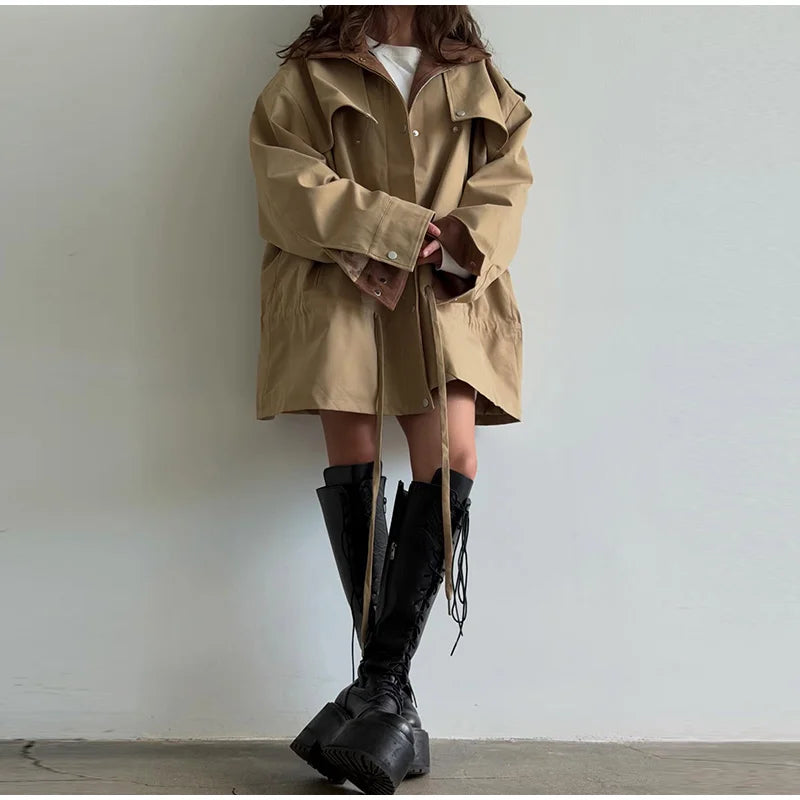 Lapel Women's Outerwear Waist Cinching Belted Jacket Drop Shoulder Cropped Cargo Trench Coat Meilaid Style Daily Fashion Wear