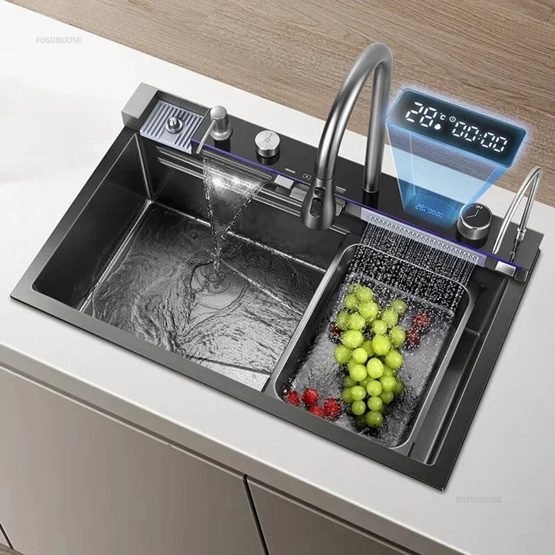 304 Stainless Steel Kitchen Sinks Large Single Bowl Nano Embossed Wash Basin Digital Display Modern Home Station