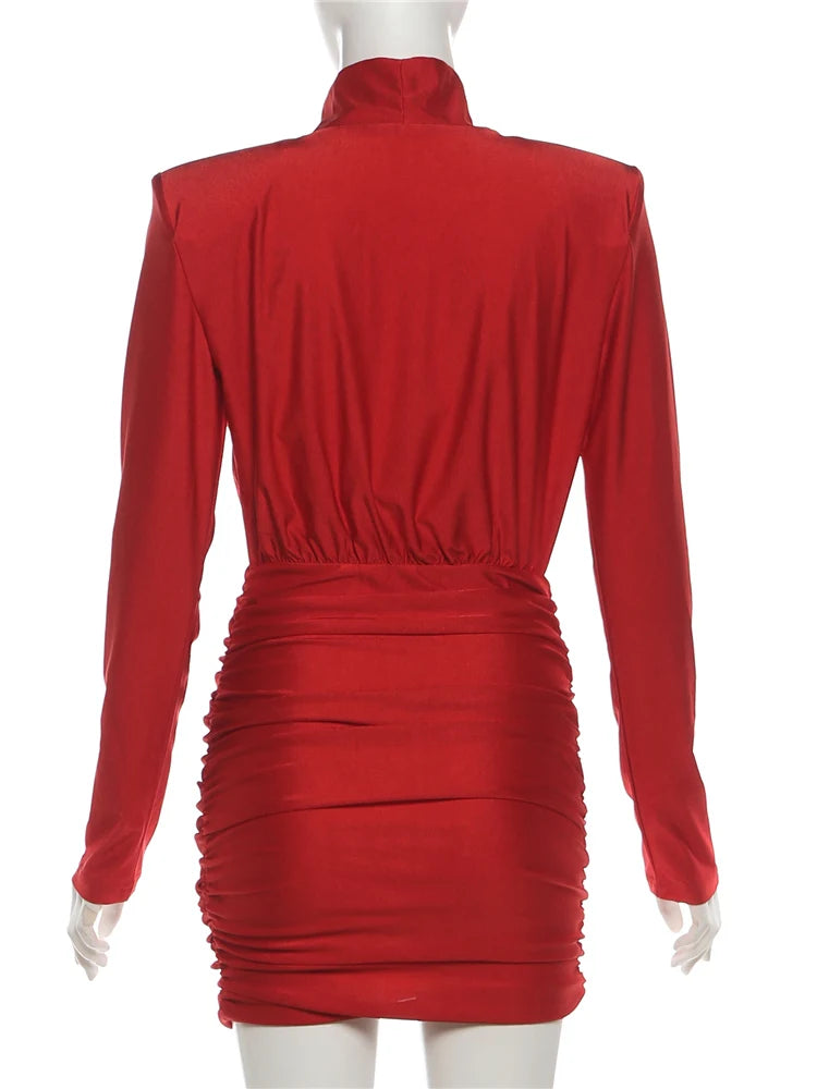 Sisterlinda Elegant Shoulder Padded Dress Women Turtleneck Ruched Sexy Classic Office Commute Simple Peach Hip Slim Mini Bodycon