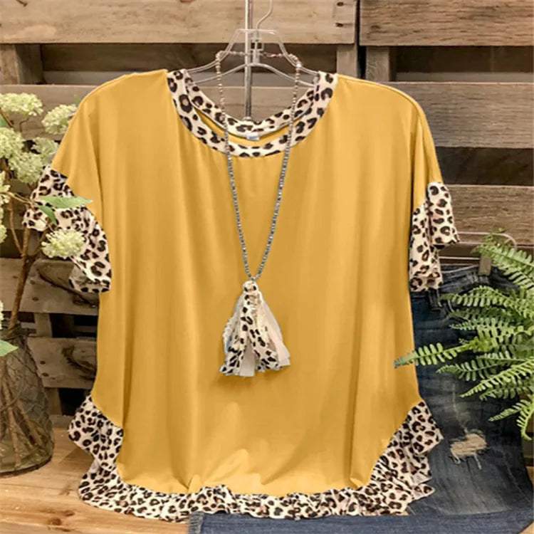 2026 New Women's Clothing, Leopard Print Splicing Short-sleeved Round Neck Loose Medium and Long Top T-shirt Women's Cw65684