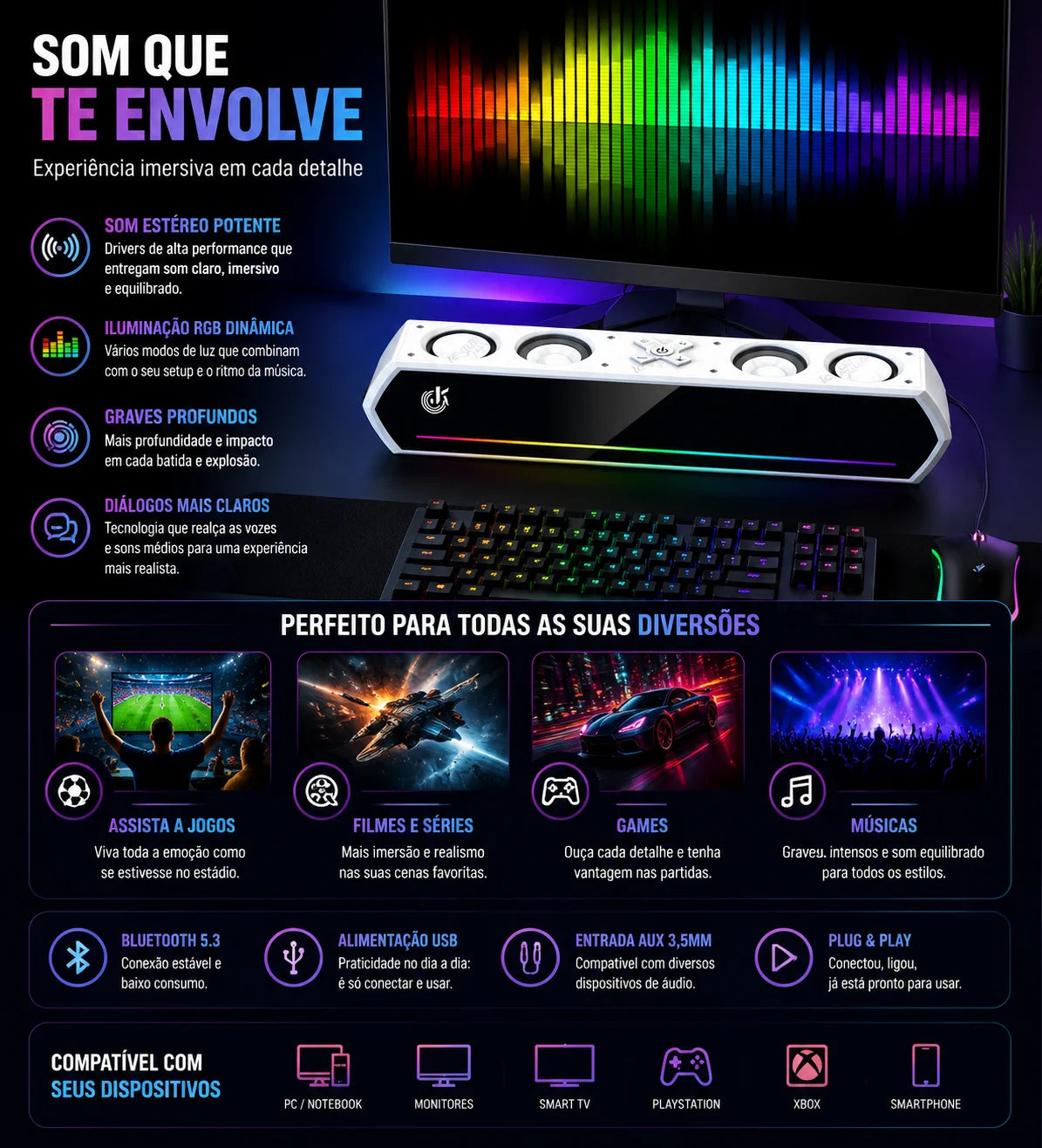 Caixa De Som Para TV Com Bluetooth 30W E 4 Alto-falantes Ideal Para PC Notebook Computador E Jogos