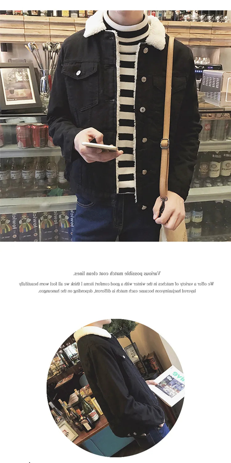Thickened Fleece Winter Jacket for Men Youth Casual Style Long Sleeve Denim Coat with Stand Collar Button Closure Slim Fit