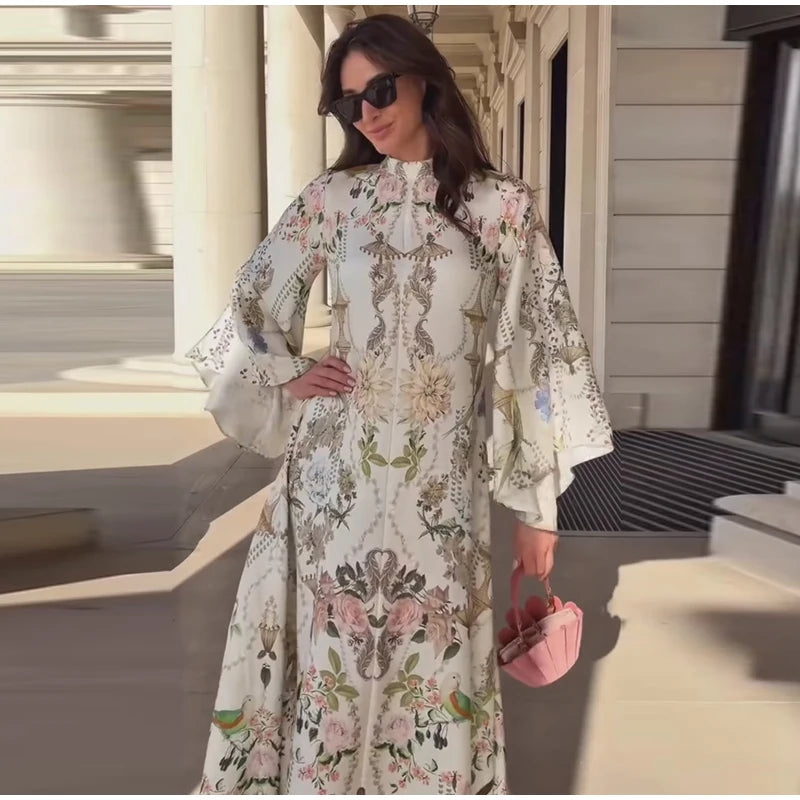 Elegant Women's Printed Long Dresses Loose O-neck Flared Half Sleeve Big Hem Wide Female Dresses 2026 Summer Lady HolidayRobes