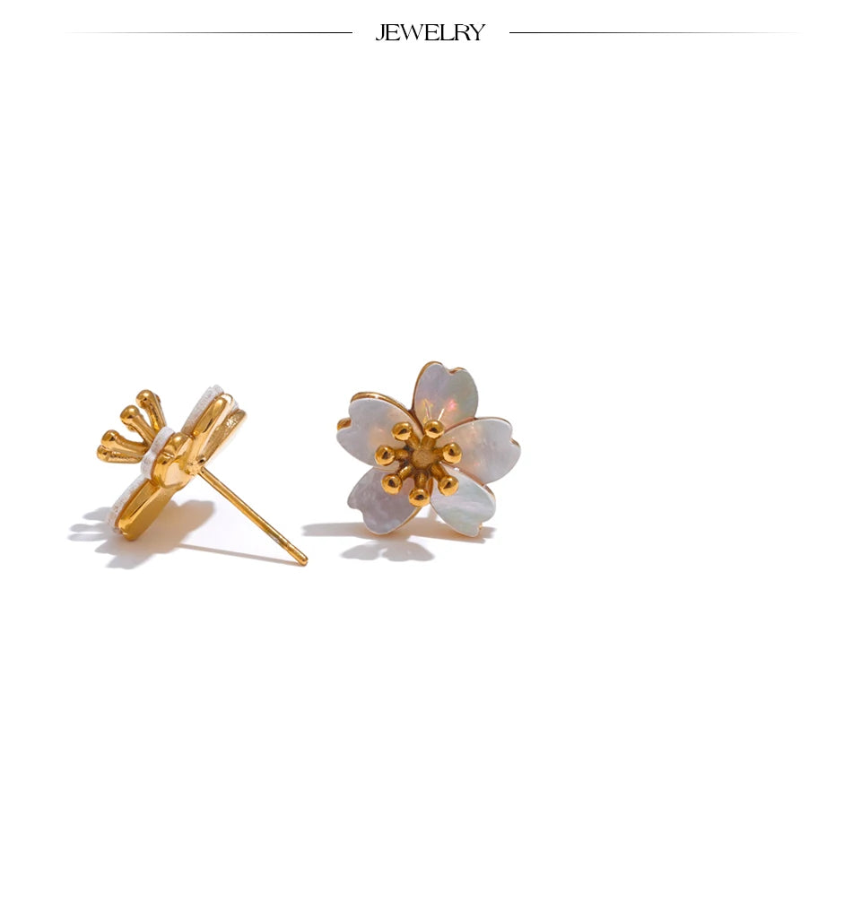 Yhpup High Quality Natural Shell Flower Golden Daily Stud Earrings for Women Prevent Allergy Stainless Steel Exquisite Jewelry
