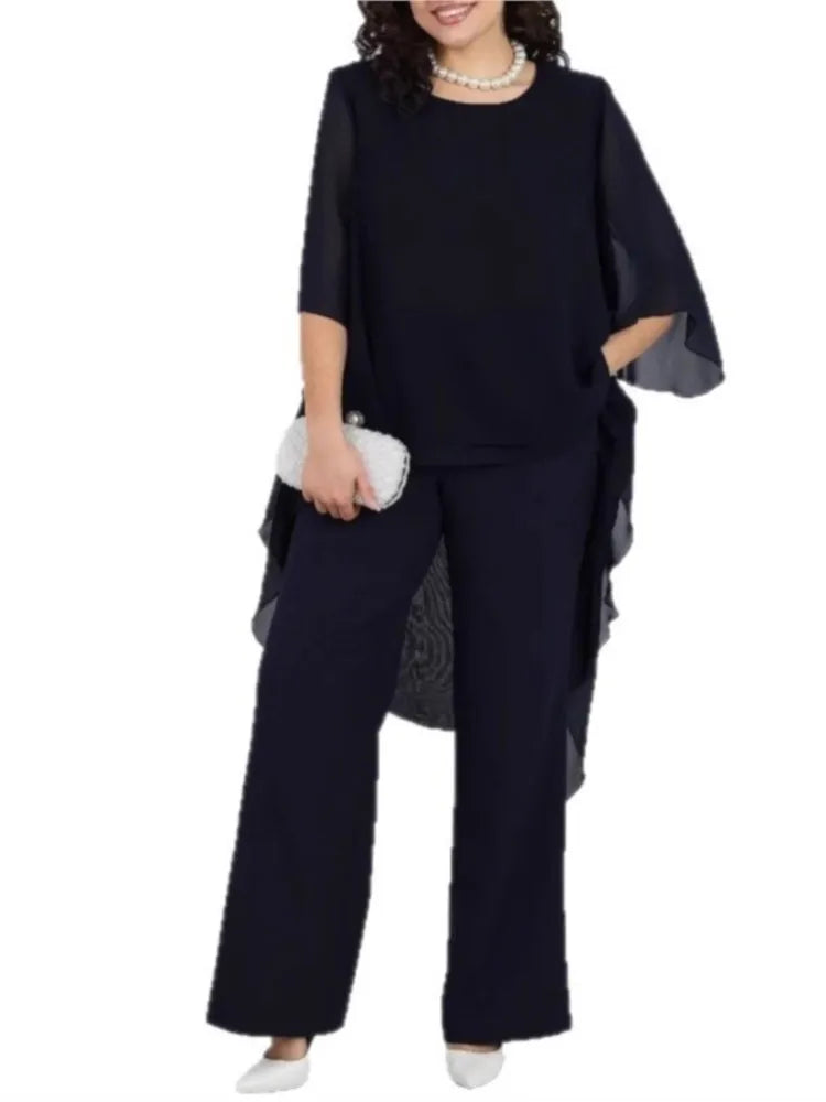 Women's Solid Chiffon Two Piece Sets Spring O-neck Mid-Sleeve Layered Ruffled Edges Long Top & Straight-leg Pants Sets Outfits