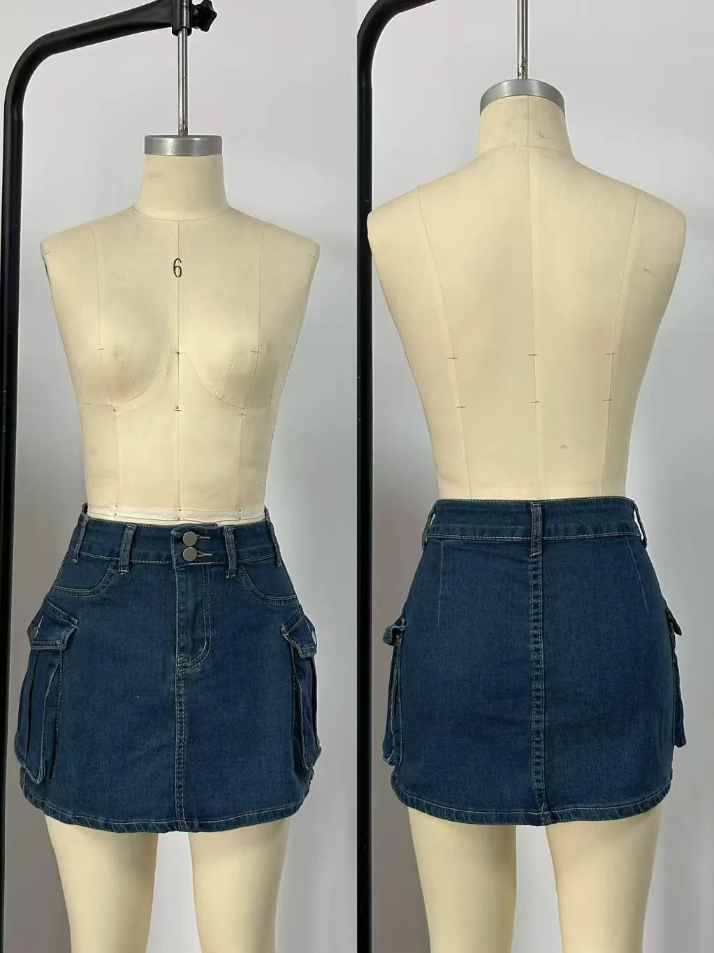 Sexy Women High Waist Cargo Denim Mini Skirt Double Button Multi Pocket A Line Short Skirt Y2K Streetwear Casual Jean Dress