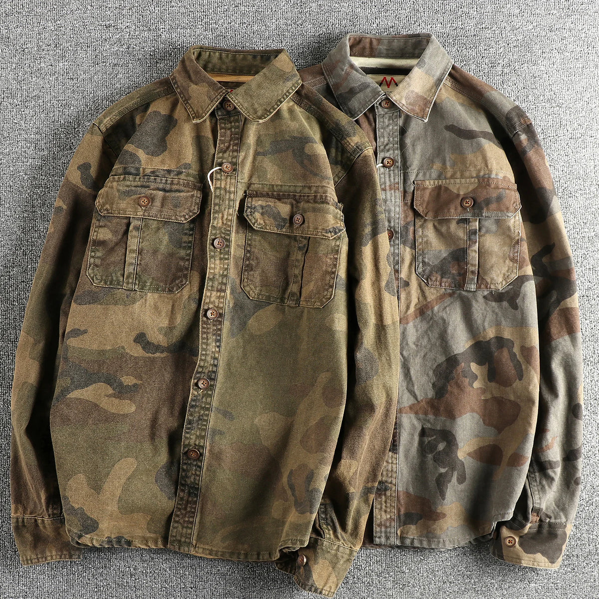 2024 Autumn and Winter New American Retro Woven Camouflage Cargo Shirt Men's 100% Cotton Washed Old Double Pockets Thin Jacket