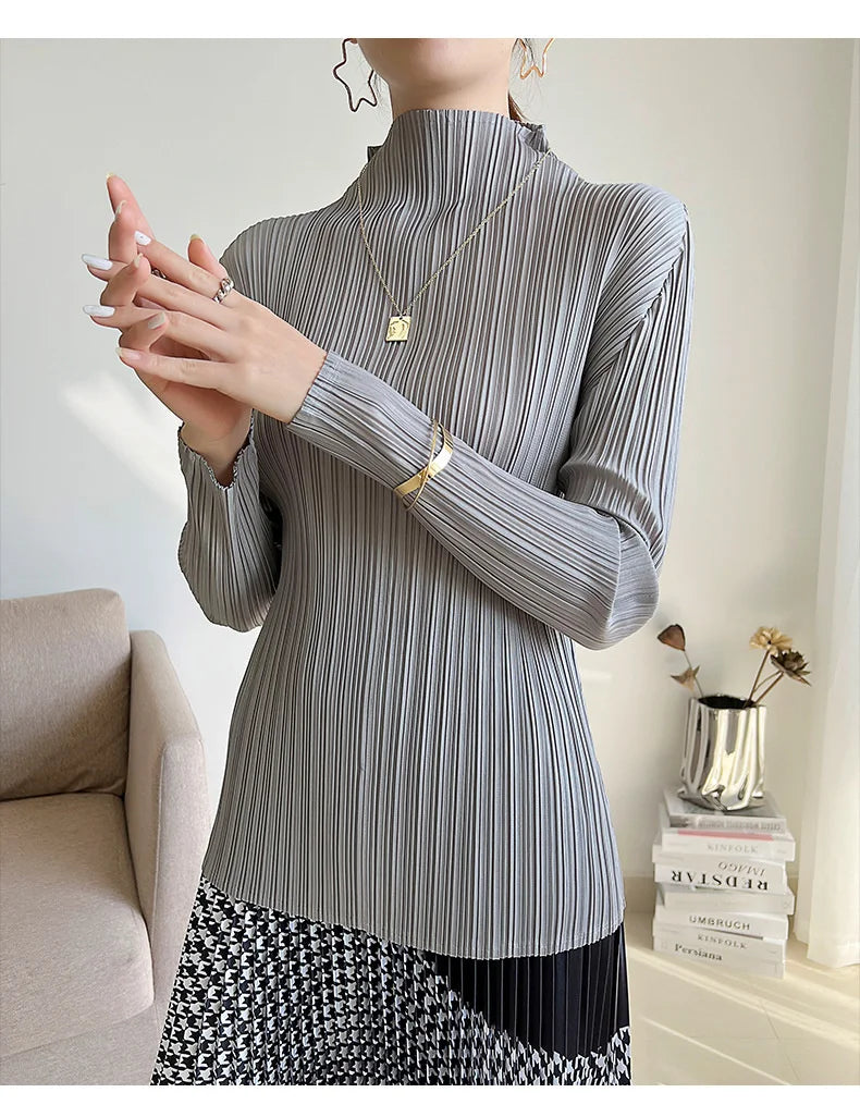 Miyake Pleated Long Sleeves Tops Fall 2025 Winter Korean Fashion Women Classic Solid Color Turtleneck Casual Elegant T-shirt