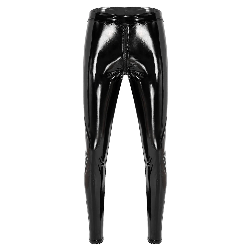 Men Latex Leather Pants Low Waist Faux Leather Shiny Pants Fashion Tight Trousers for Club Stage Show Rock Band Performance