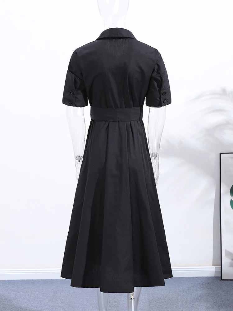 Elegant Belt Women Long Black Dress Full Sleeve Pleated Lapel Waist-Closed Female  A Line Dresses 2026 Spring Lady Robes New