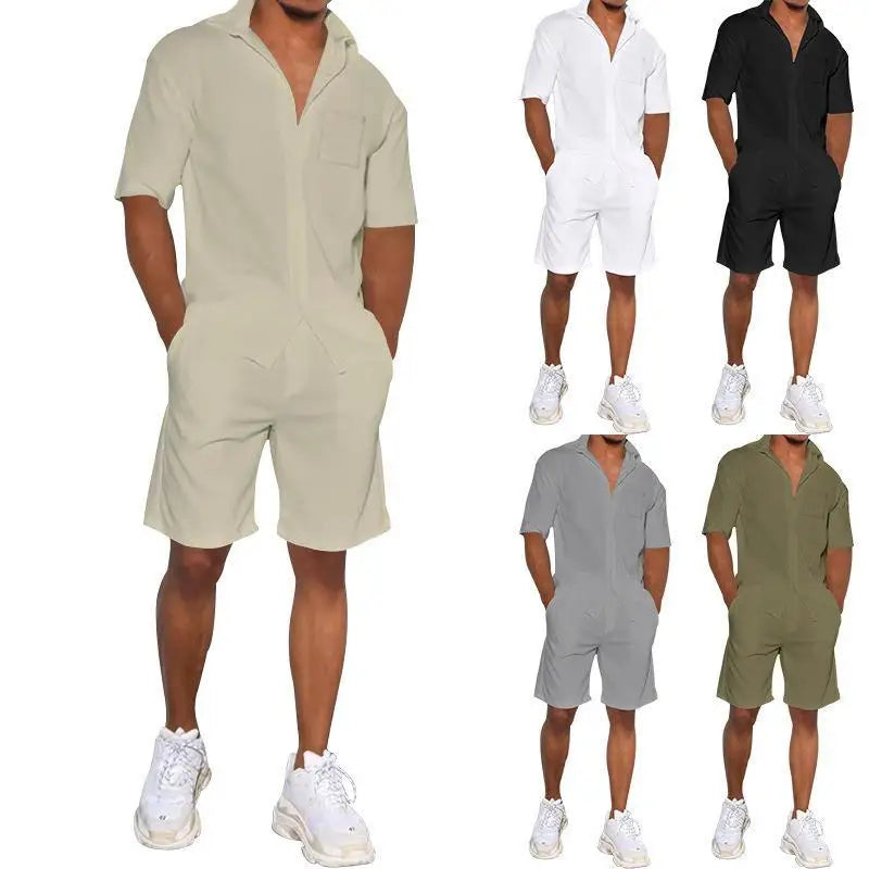 2026 Men's Summer Solid Casual Sets Comfy Cotton Linen Short Sleeve Lapel Shirt and Shorts Two Piece Sets Men Loose Sport Outfit