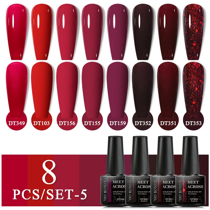 MEET ACROSS 6/8Pcs Set Glitter Gel Nail Polish Autumn Winter Nail Art Varnishes Semi Permanent Soak Off UV Gel Kit Nails Lacquer
