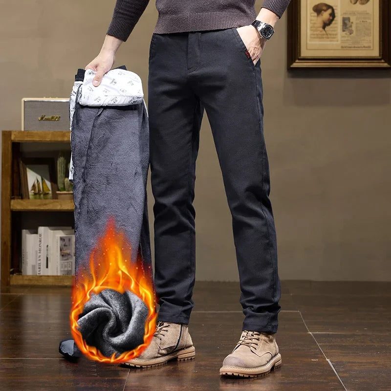 Korean Fashion Fleece Men's Casual Pants Slim Straight Youth Warm Trousers Thickened Thermal Stretch Male Clothes Trendy Brand