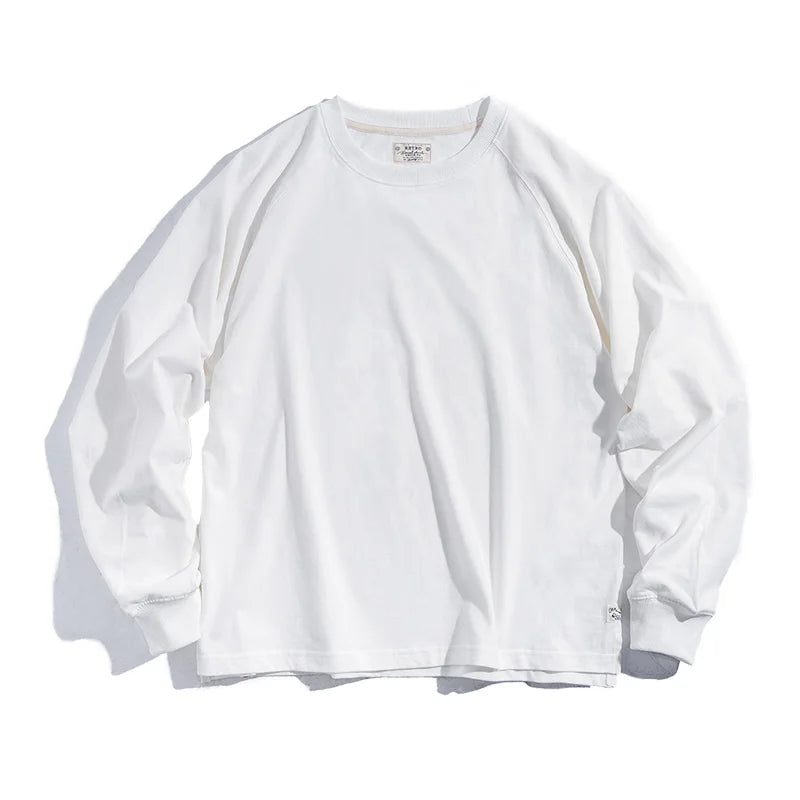 Maden 100% Cotton Loose Crew Neck Long Sleeve T-shirts Men's  230g Thin Breathable Tee Shirt Basic Solid Color Oversized Tops