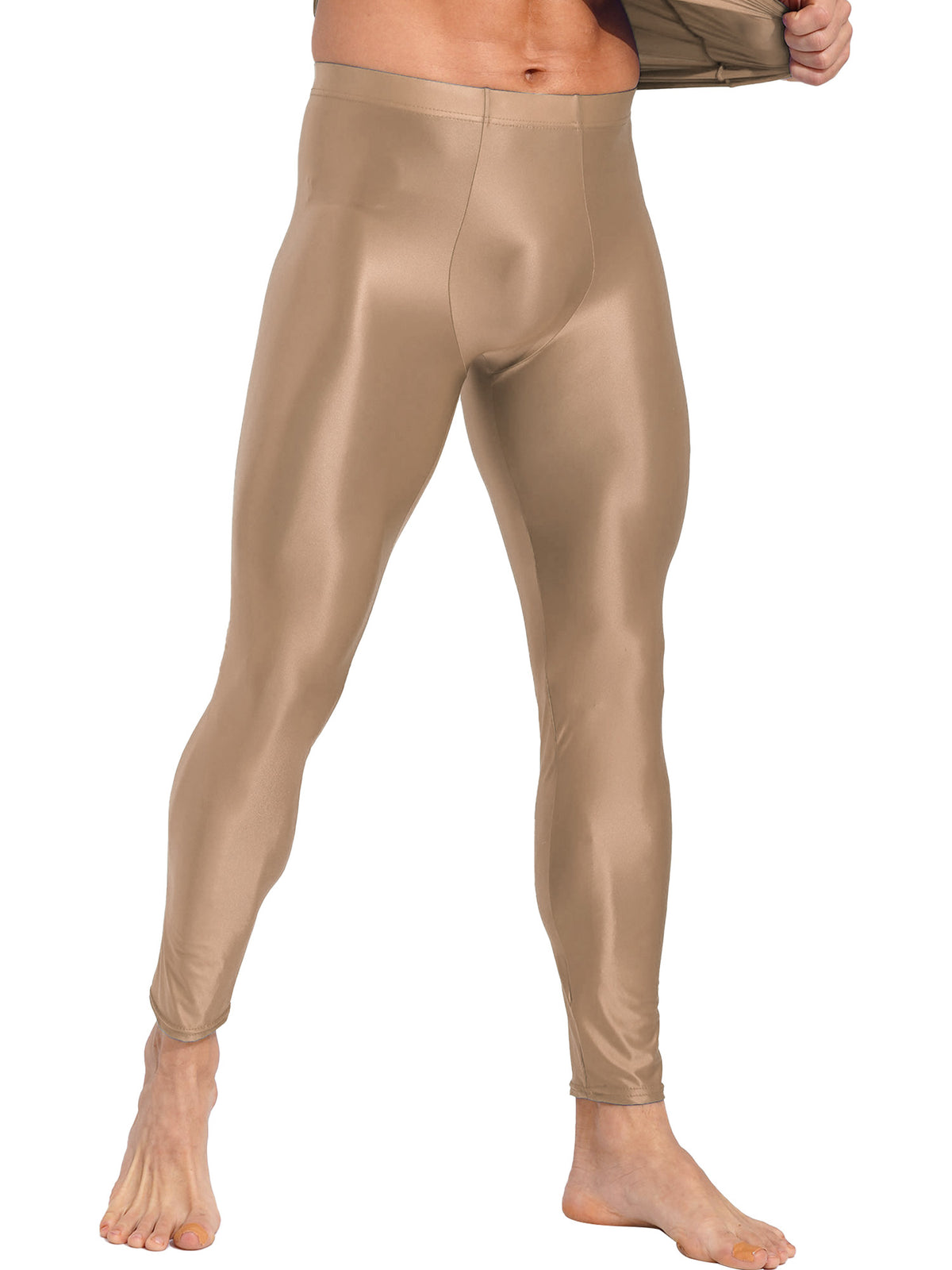 Men Elastic Waistband Skinny Shiny Yoga Tights Pants Solid Color Leggings Exercise Running Gym Fitness Training Sportswear