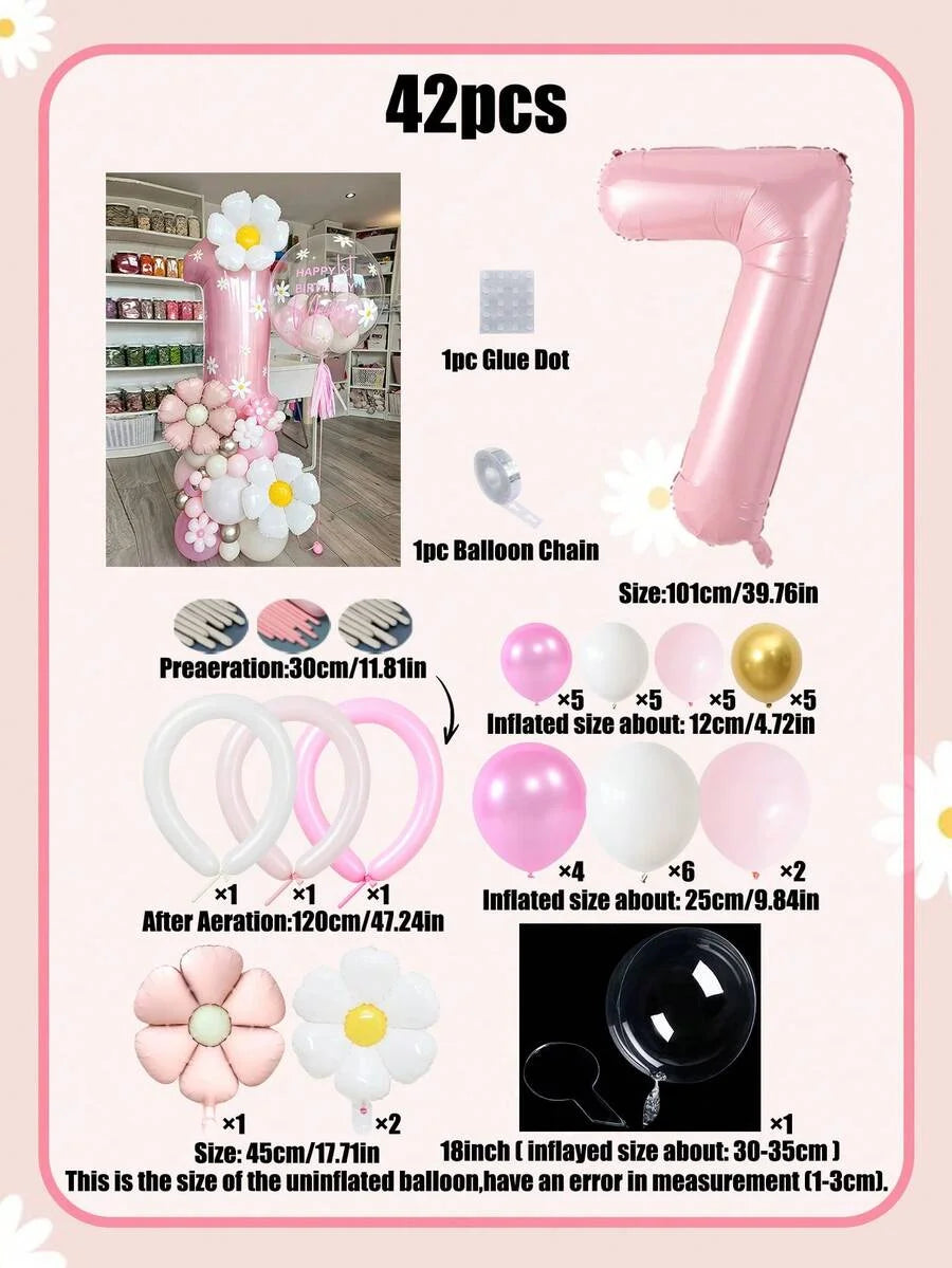 42pcs Daisy Pillar Balloon Set, Includes Oversized Pink Number Balloons, Sunflower Foil Balloons,For Birthday,Girls' Party